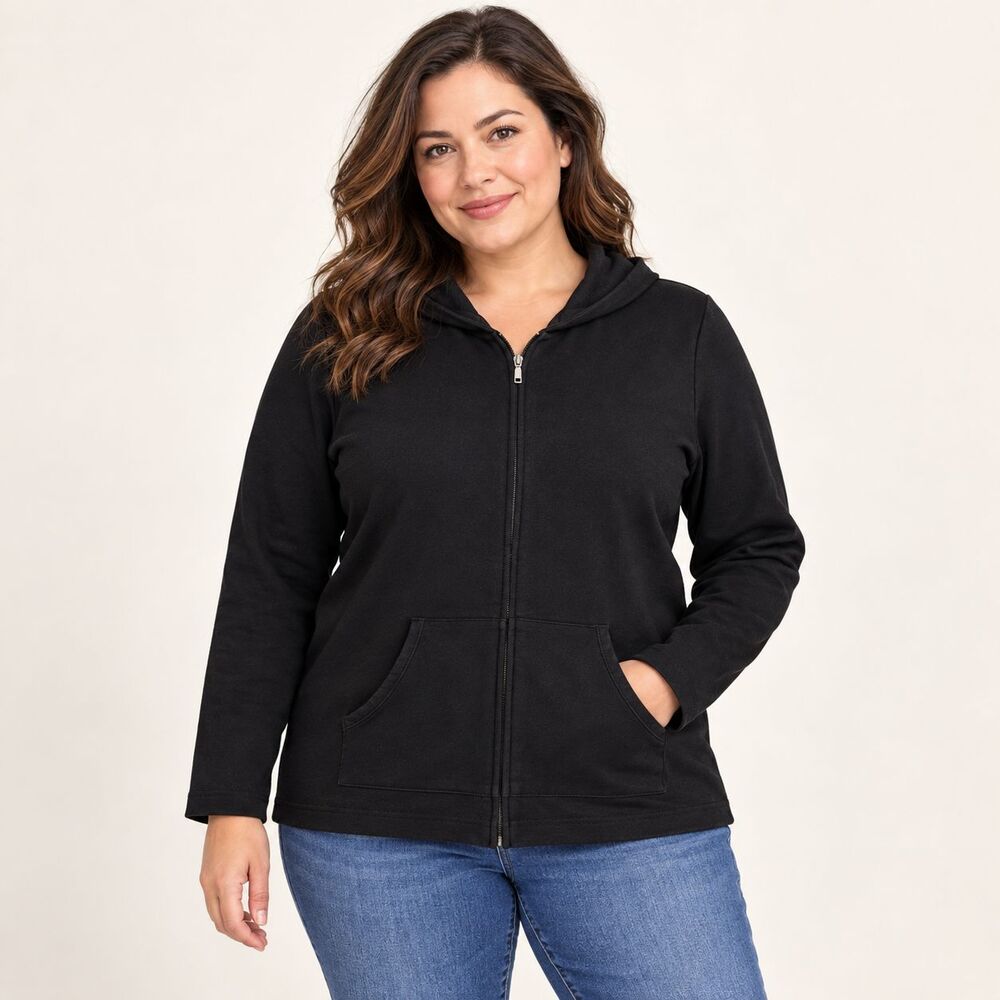 Karen Scott Sport Jacket Petite Large Hooded Black Full Zip Cotton Pocket Casual